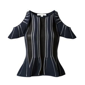 Jonathan Simkhai Navy Blue Striped Cold Shoulder Knit Crochet Peplum
